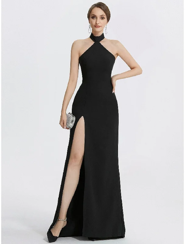 Huge Discounts Sheath / Column Evening Gown Black Dress Dress Wedding Guest Prom Floor Length Sleeveless Halter Neck Stretch Fabric with Ruched