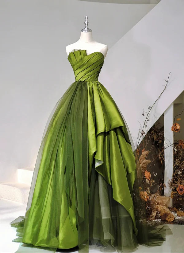 New Deals A-Line Princess Ballgown Green Satin and Tulle Sweetheart Long Party Dress Prom Dress