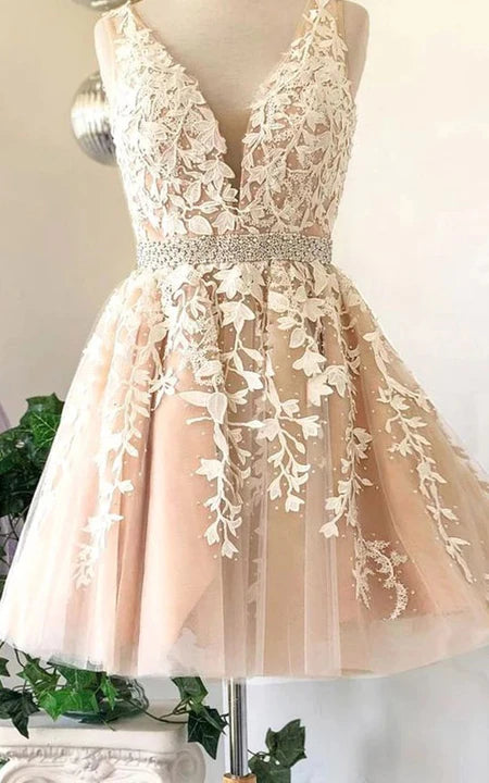 Low Prices Pearl Pink Plunged Sleeveless Lace Applique Empire Short A-line Dress with Beadings Low Prices Pearl Pink Plunged Sleeveless Lace Applique Empire Short A-line Dress with Beadings