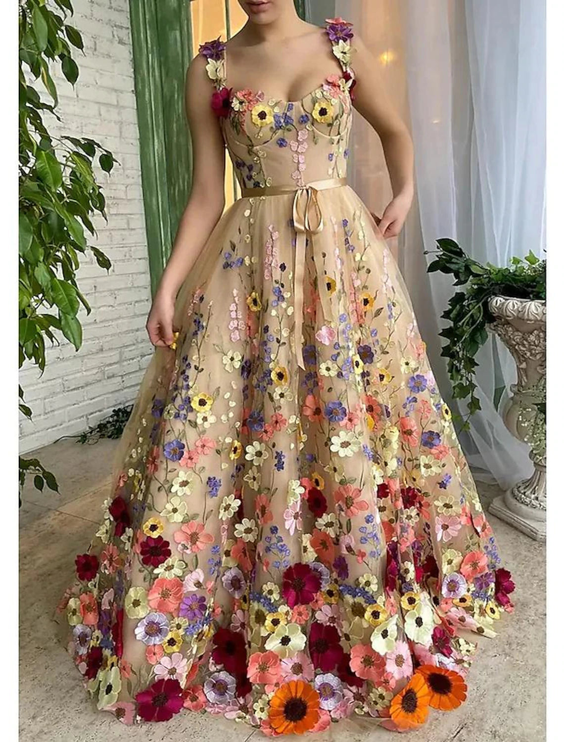Deal of the Day A-Line Prom Dresses Celebrity Style Dress Formal Wedding Guest Floor Length Sleeveless Spaghetti Strap Lace with Floral Print Appliques Shouder Flower