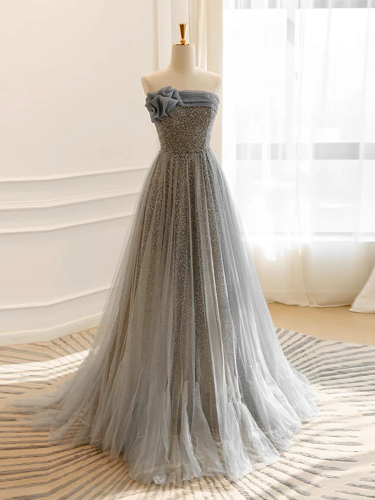 Best Bargains A-Line Gray Tulle Sequin Long Prom Dress Formal Dress With Sweep Train