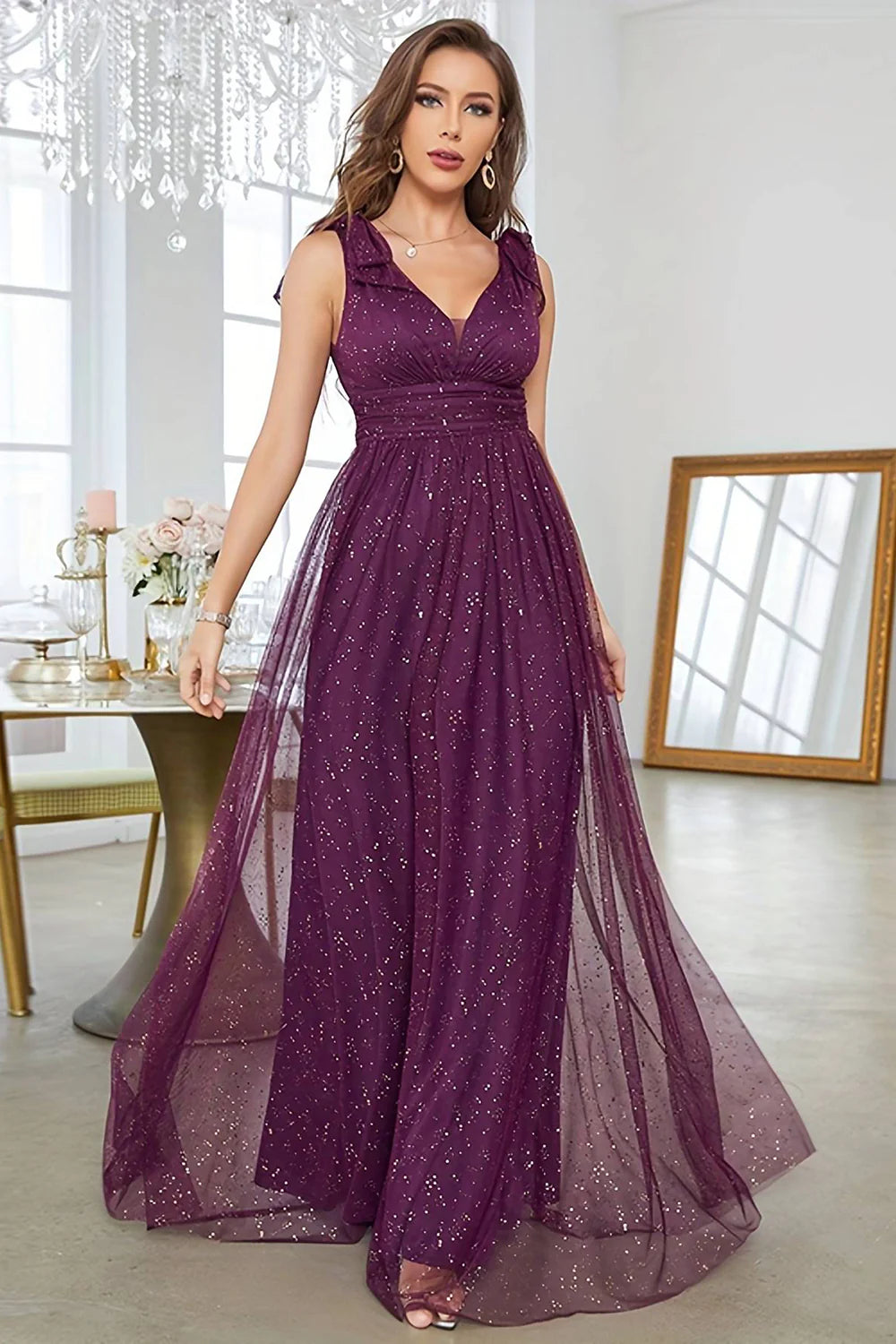 Daily Deals A-Line V-Neck Sequins Purple Tulle Long Prom Dress With Sleeveless