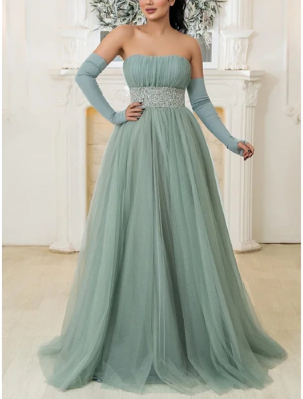 Best Bargains A-Line Prom Dresses Elegant Dress Formal Sweep / Brush Train Christmas Red Green Dress Long Sleeve Strapless Tulle with Bow(s) Pleats Sequin