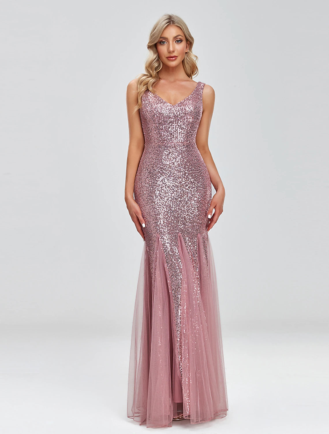 Exclusive Offers Mermaid / Trumpet Evening Gown Sparkle Dress Wedding Guest Formal Evening Floor Length Sleeveless V Neck Tulle V Back with Sequin Splicing Exclusive Offers Mermaid / Trumpet Evening Gown Sparkle Dress Wedding Guest Formal Evening Floor Length Sleeveless V Neck Tulle V Back with Sequin Splicing
