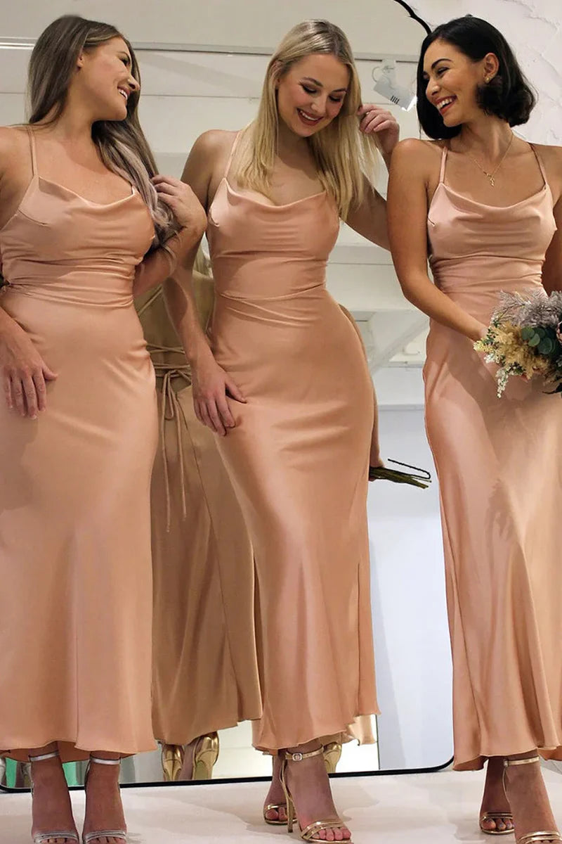 Best Deals Dusty Rose Satin Sheath Lace-Up Back Bridesmaid Dress