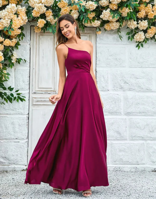 Special Savings A-Line One Shoulder Burgundy Long with Ruffles Bridesmaid Dress