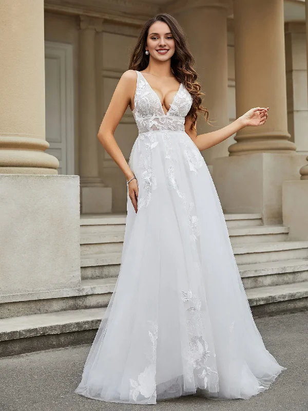 Overstock Sale V-neck lace applique chiffon wedding dress