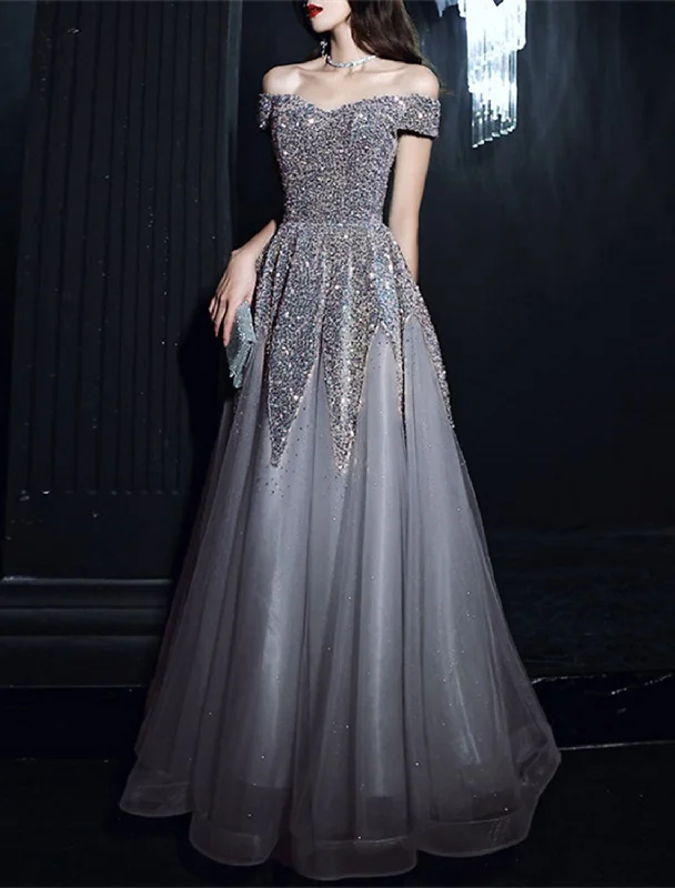 Discount Deals A-Line Prom Dresses Sparkle & Shine Dress Formal Wedding Guest Floor Length Short Sleeve Off Shoulder Polyester with Sequin