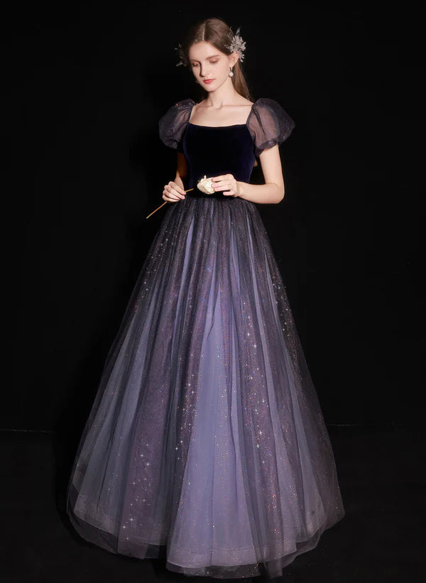 Blowout Sale A-line Glitter Purple Bubble Sleeved Ballgown Tulle and Velvet Long Prom Dress