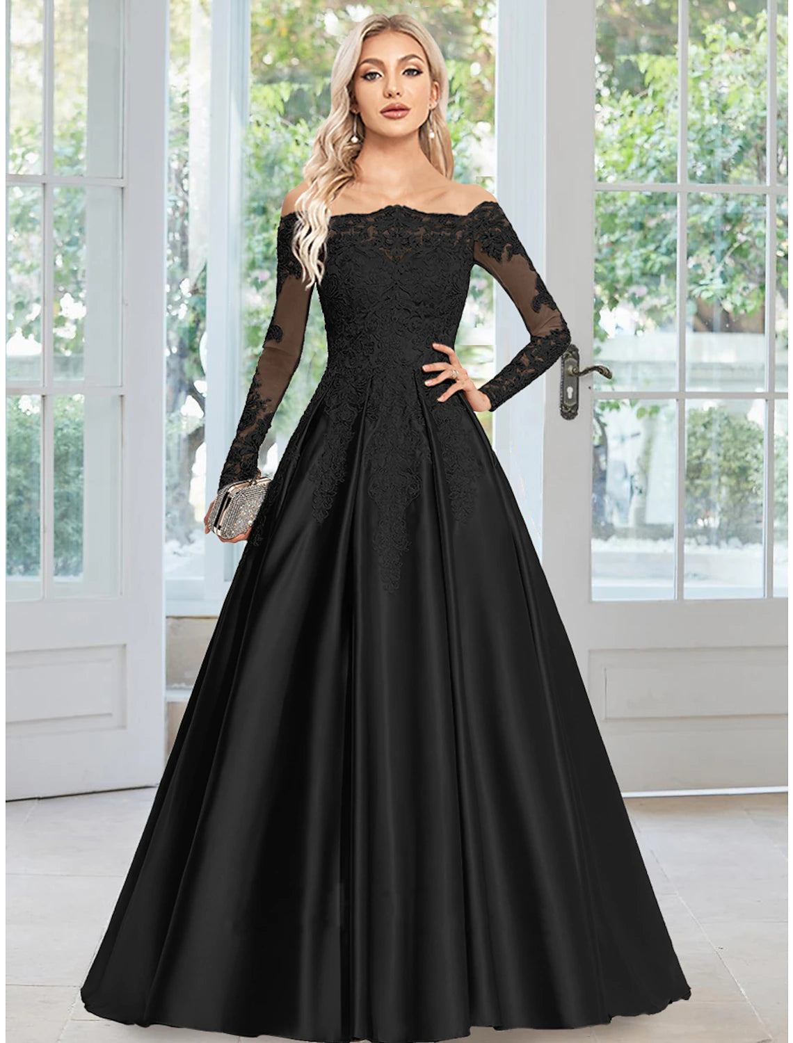 Limited Time Offer A-Line Evening Gown Elegant Dress Formal Wedding Guest Court Train Long Sleeve Off Shoulder Satin with Appliques Limited Time Offer A-Line Evening Gown Elegant Dress Formal Wedding Guest Court Train Long Sleeve Off Shoulder Satin with Appliques