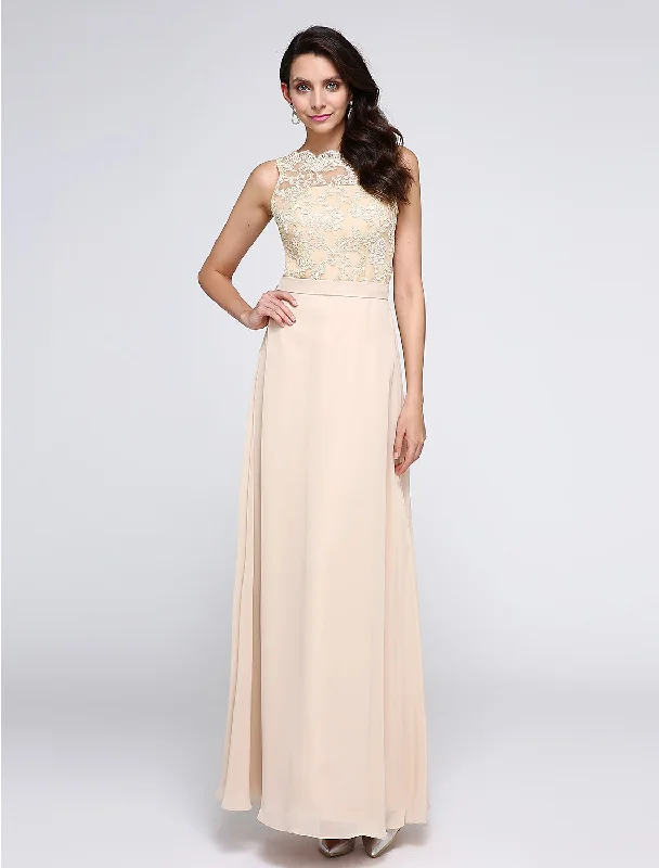 Massive Deals Sheath / Column Beautiful Back Dress Holiday Cocktail Party Ankle Length Sleeveless Jewel Neck Chiffon with Lace