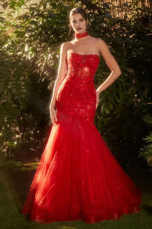 Limited Edition Red strapless lace up back mermaid and floor length Prom dress