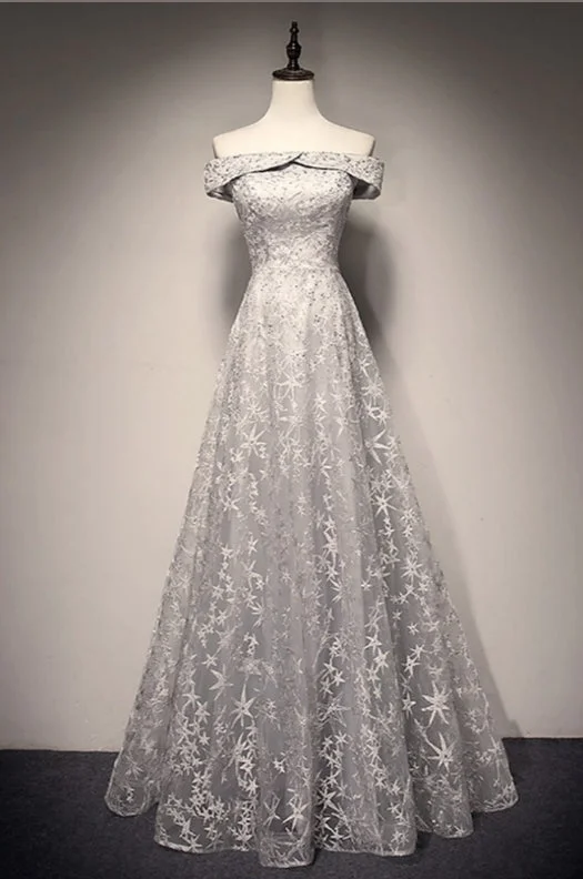 Limited Stock Off Shoulder Grey Stars Lace Long Dress Tulle Prom Dress