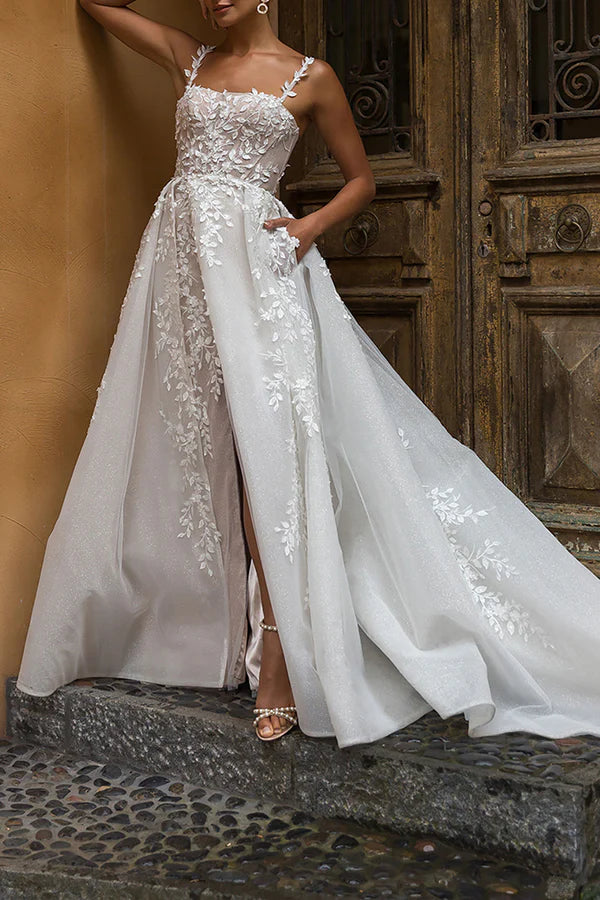 Fantastic Deals Line square lace decal rural style slit wedding dress