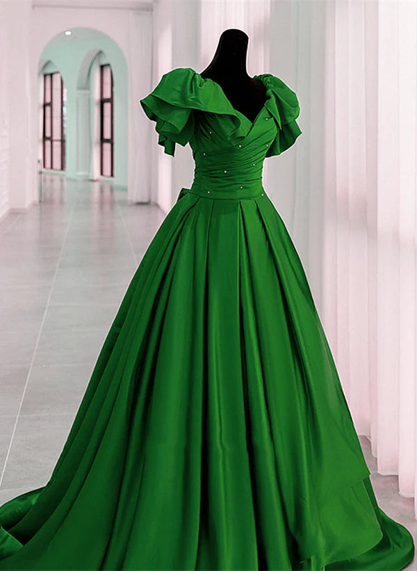 Major Savings Green Satin Off Shoulder Long Party Dress A-line Green Prom Dress Ballgown