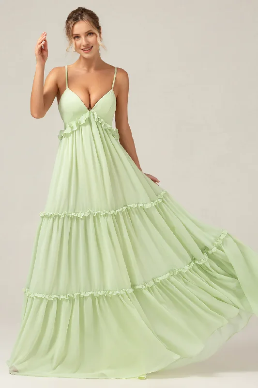 TIME-Limited Offer A-line thin shoulder strap backless long green ruffled bridesmaid dress