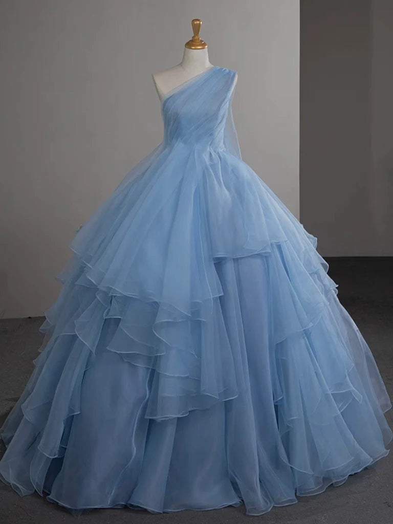 Closeout Sale Ball Gown One Shoulder Tulle Blue Ruffle Tiered Long Prom Dress Evening Dress Closeout Sale Ball Gown One Shoulder Tulle Blue Ruffle Tiered Long Prom Dress Evening Dress