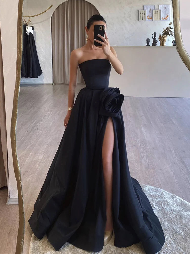 Exclusive Preview A-Line Satin Strapless Black Long Prom Dress Formal Dress With Slit Exclusive Preview A-Line Satin Strapless Black Long Prom Dress Formal Dress With Slit