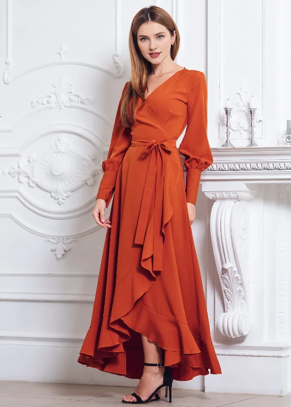 Great Deals Rust Orange Long Sleeves Wrap Dress Maxi Bridesmaid Dress Cocktail Dress Wedding Guest Dress