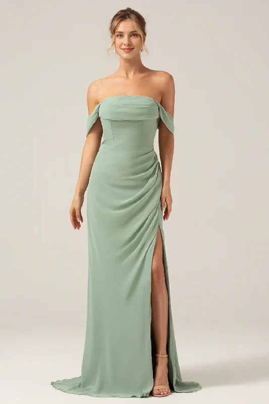 Price Break Dusty Sage off shoulder pleated chiffon slit bridesmaid dress