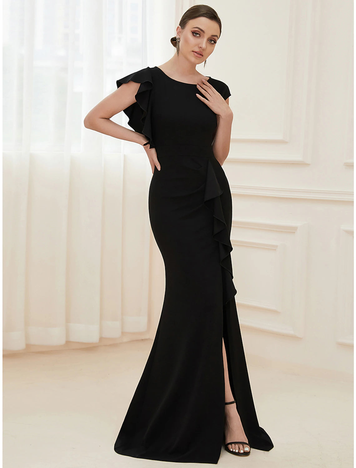 Instant Savings Mermaid / Trumpet Evening Gown Vintage Dress Formal Wedding Guest Floor Length Short Sleeve Jewel Neck Nylon with Ruffles Slit Instant Savings Mermaid / Trumpet Evening Gown Vintage Dress Formal Wedding Guest Floor Length Short Sleeve Jewel Neck Nylon with Ruffles Slit
