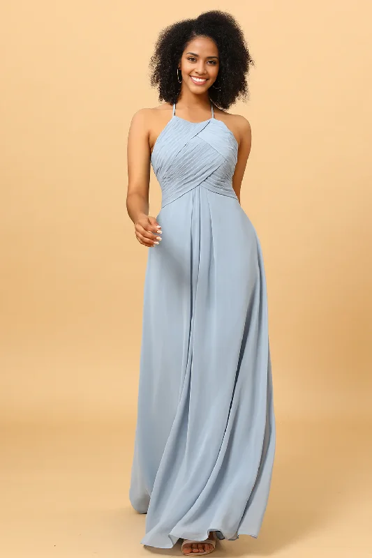 New Markdowns Halter Chiffon Blue Bridesmaid Dress with Ruffles