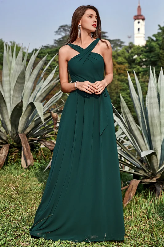 Deep Discounts A-line hanging neck and ground pine chiffon bridesmaid dress