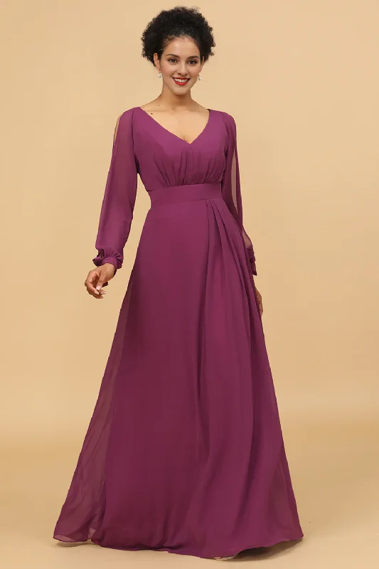 Massive Deals Purple long sleeved bow V-neck chiffon bridesmaid dress