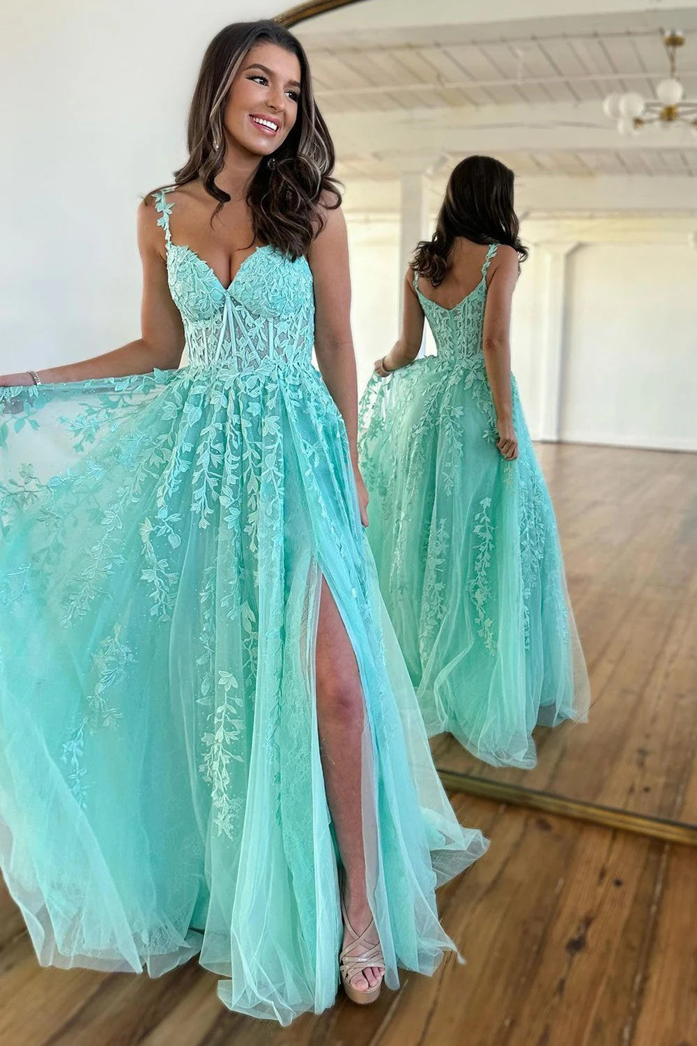 Overstock A-Line Princess Spaghetti Straps Long Tulle Prom Dresses Party Dress With Appliques