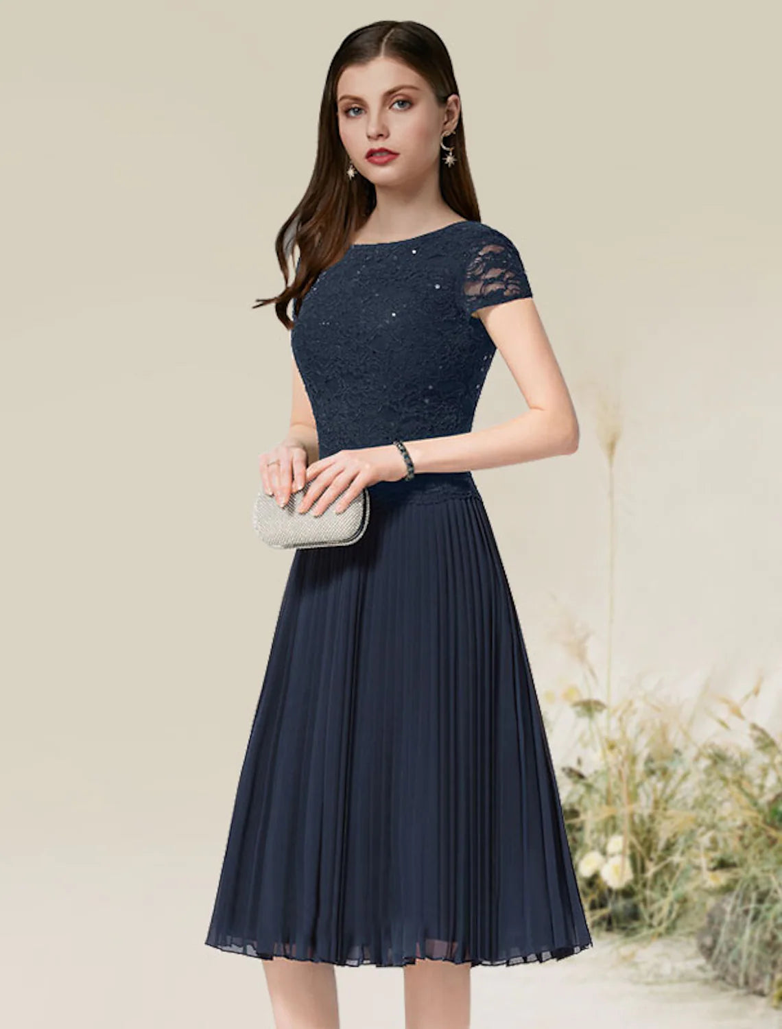Instant Savings A-Line Cocktail Dresses Flirty Dress Homecoming Tea Length Short Sleeve Jewel Neck Chiffon with Pleats Instant Savings A-Line Cocktail Dresses Flirty Dress Homecoming Tea Length Short Sleeve Jewel Neck Chiffon with Pleats