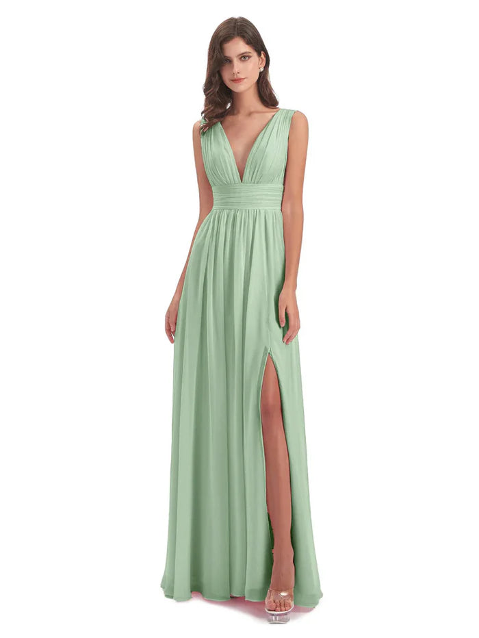 Limited Time Discount A-Line Floor Length Deep V Neck Chiffon Bridesmaid Dresses With Slit