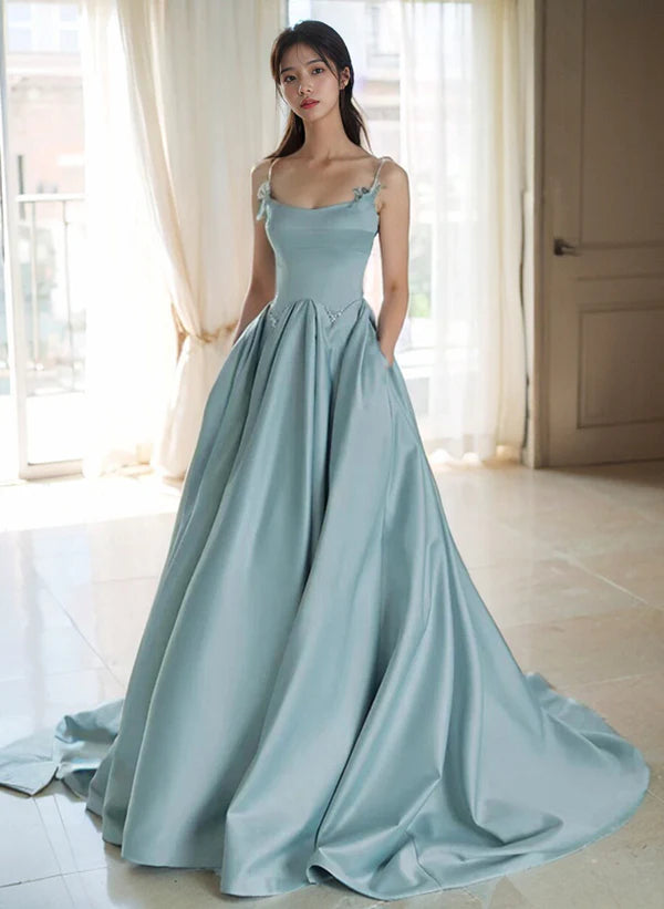 Super Sale A-Line Blue Satin Beaded Straps Long Evening Dress Ballgown Satin Prom Dress With Sweep Train