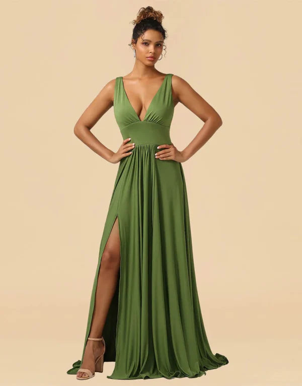 Exclusive Offers A-Line Deep V-neck Floor Length Spandex with Split Bridesmaid Dress