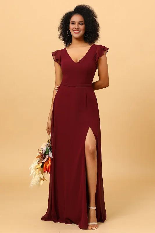 Final Clearance Cabernet A Line V-neck strapless long slit chiffon bridesmaid dress