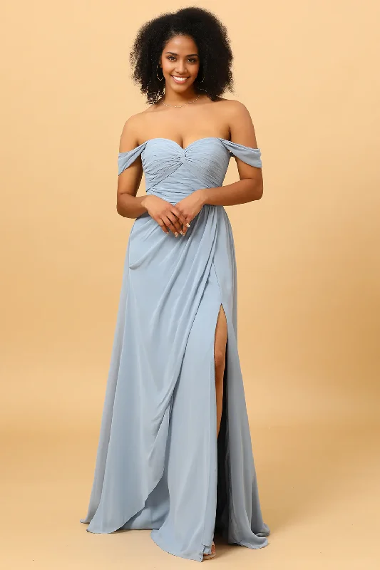 Holiday Sale Off Shoulder Chiffon Blue Long Dress Bridesmaid Dress with Slit