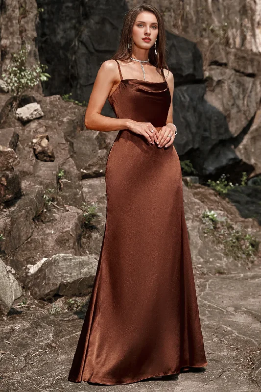 Special Offer Fish tail thin shoulder strap and coffee satin bridesmaid dress