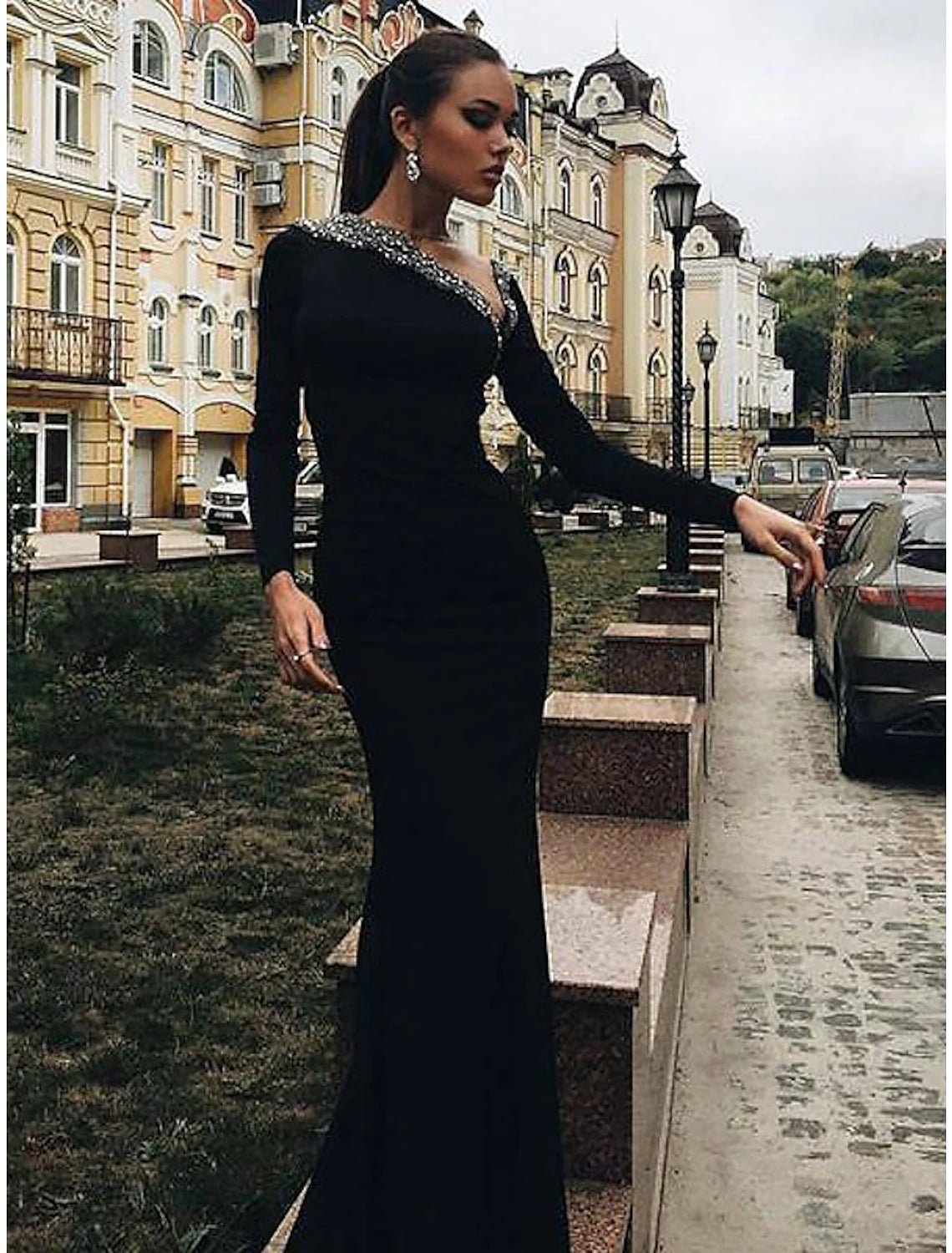 Deal of the Week Mermaid / Trumpet Evening Gown Open Back Dress Engagement Floor Length Long Sleeve V Neck Stretch Fabric with Crystals Beading