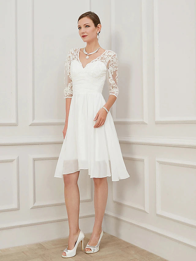 Bonus Savings Bridal Shower Little White Dresses Wedding Dresses Knee Length A-Line Half Sleeve V Neck Chiffon With Draping Appliques Bonus Savings Bridal Shower Little White Dresses Wedding Dresses Knee Length A-Line Half Sleeve V Neck Chiffon With Draping Appliques
