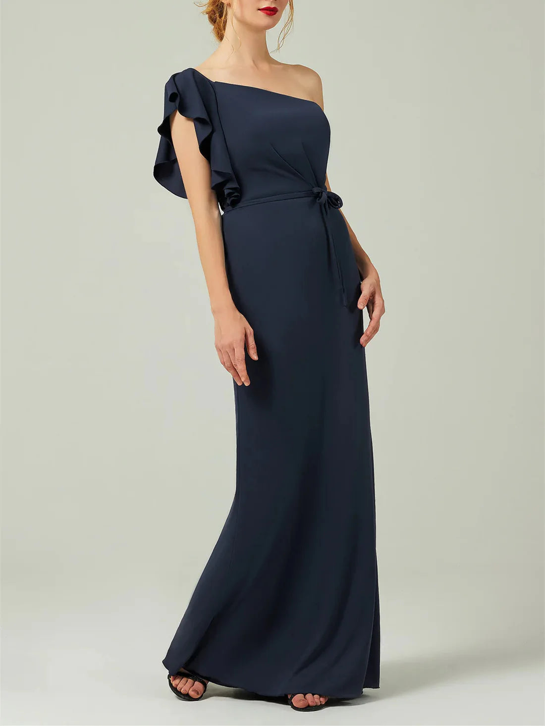Stock Clearance Sheath/Column One-Shoulder Chiffon Floor-Length Bridesmaid Dress Wedding Guest Dresses