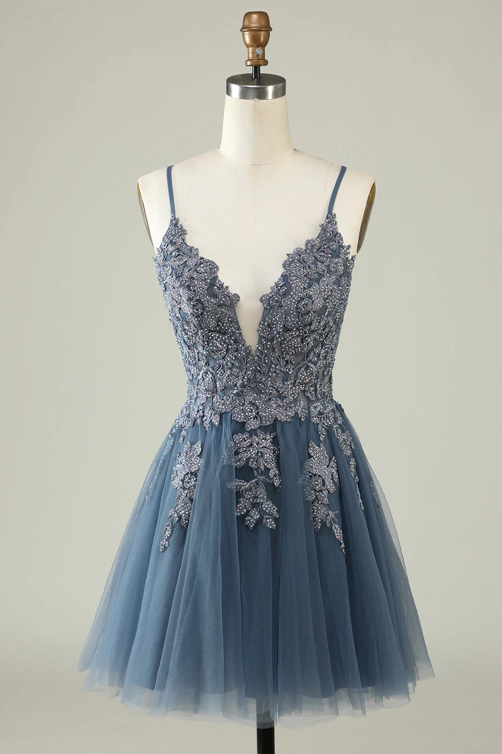 Can't Miss A Line Thin Shoulder Strap Grey Blue Decal Short Cocktail Dresses