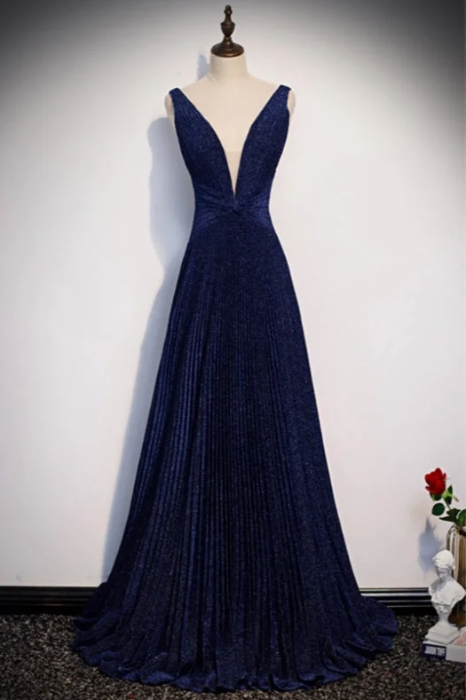 Price Drop Navy Blue Pleated Deep V-Neck Backless Metallic Prom Dress