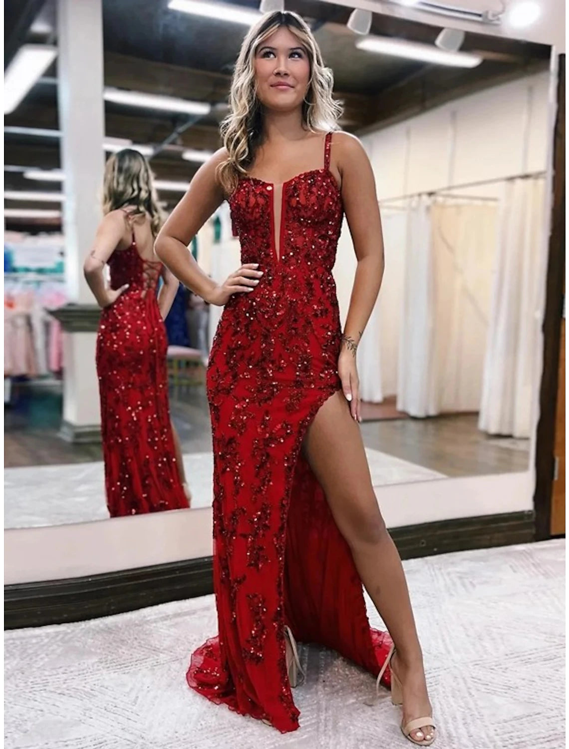 Steals and Deals Mermaid / Trumpet Evening Gown Open Back Dress Formal Sweep / Brush Train Sleeveless V Neck Tulle Backless with Slit Appliques
