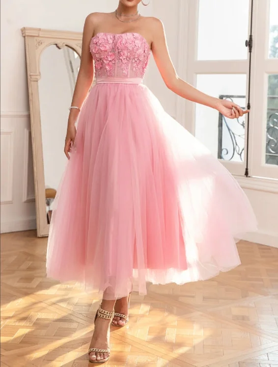 While Supplies Last A Line Tulle Strapless Pink Prom Dress with Appliques