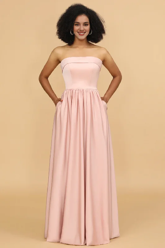 Can't Be Beat Pink A-line strapless satin long bridesmaid dress