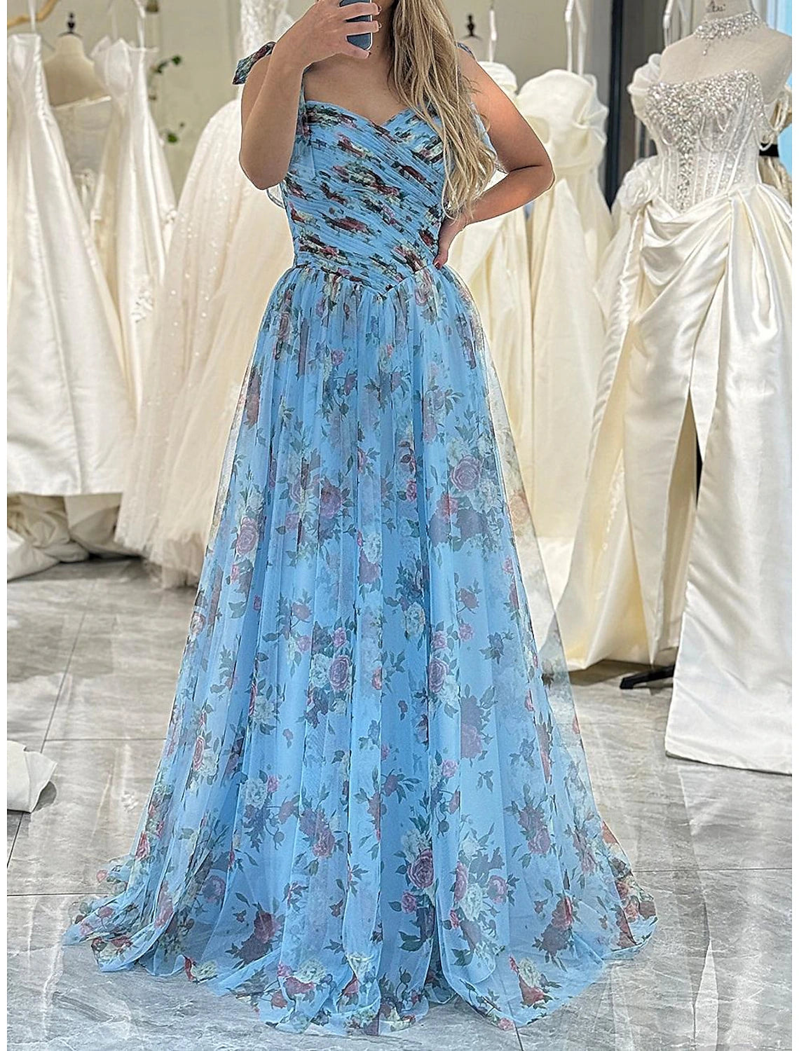 Huge Discounts Ball Gown A-Line Prom Dresses Blue Princess Dress Birthday Sweep / Brush Train Sleeveless Tulle with Floral Print Strappy Huge Discounts Ball Gown A-Line Prom Dresses Blue Princess Dress Birthday Sweep / Brush Train Sleeveless Tulle with Floral Print Strappy