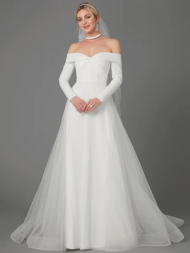 Price Reduction Engagement Formal Wedding Dresses Chapel  A-Line Long Sleeve Off Shoulder Chiffon With Criss Cross
