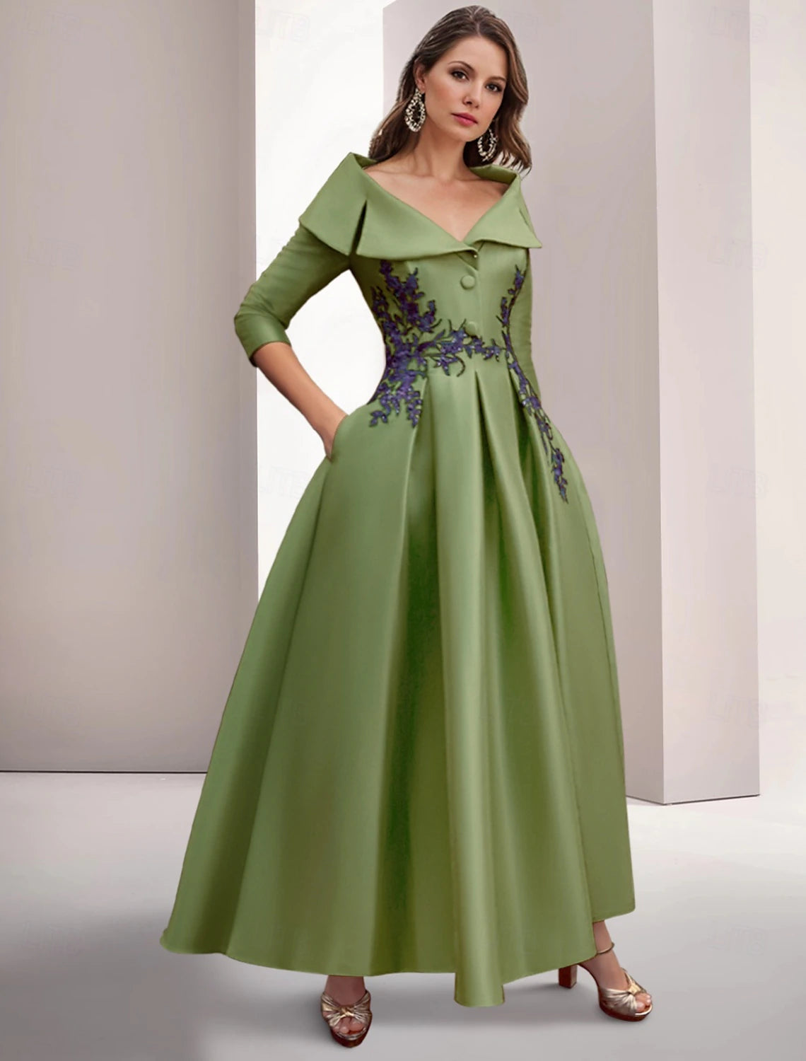 Buy Now A-Line Evening Gown Elegant Christmas Floor Length 3/4 Length Sleeve Shirt Collar Satin with Appliques Buy Now A-Line Evening Gown Elegant Christmas Floor Length 3/4 Length Sleeve Shirt Collar Satin with Appliques