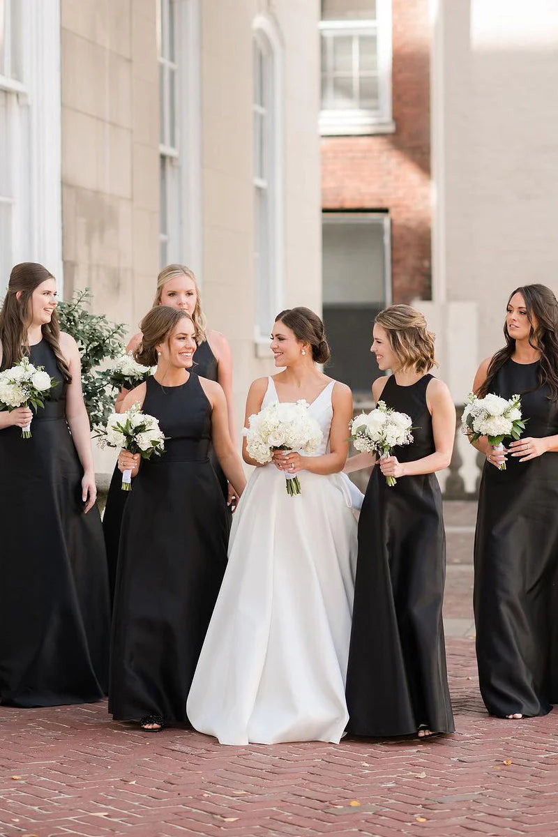 Savings Galore Simple A-Line Round Neck Black Satin Long Bridesmaid Dresses