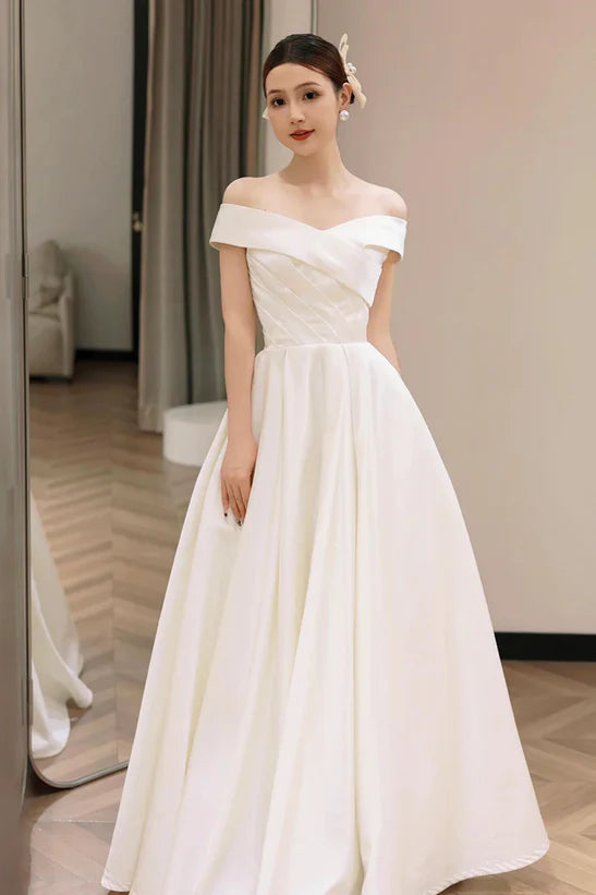 The Best Prices A-Line Princess White Off Shoulder Simple Satin Wedding Party Dress Prom Dress