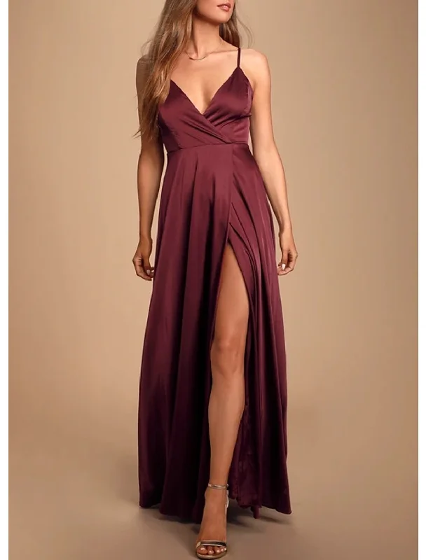 Act Fast A-Line Prom Dresses Elegant Dress Wedding Guest Prom Floor Length Sleeveless Spaghetti Strap Satin with Pleats Slit